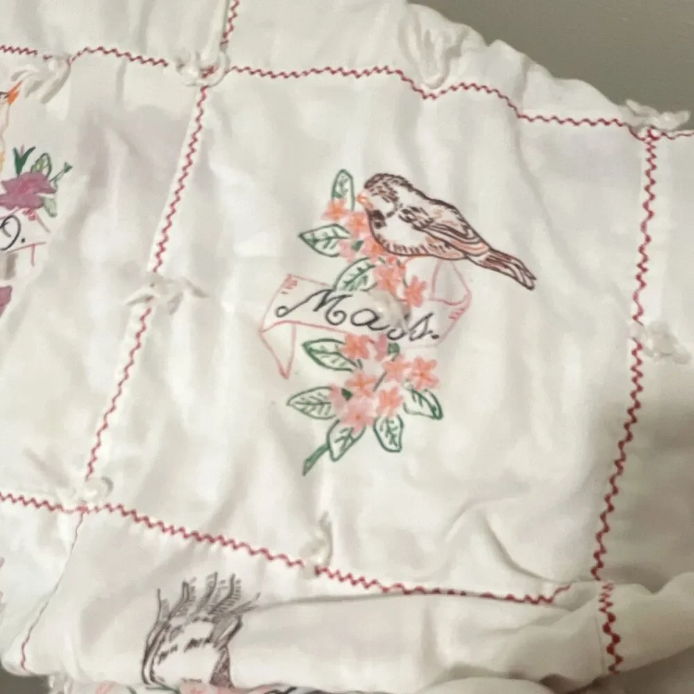 VTG Quilt White Red Multicolor Patchwork Floral Birds State Flowers Rectangular